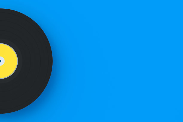 黑胶唱片，蓝色背景。古典的音乐。旧的音响设备。前视图。文本空格。三维渲染图片下载