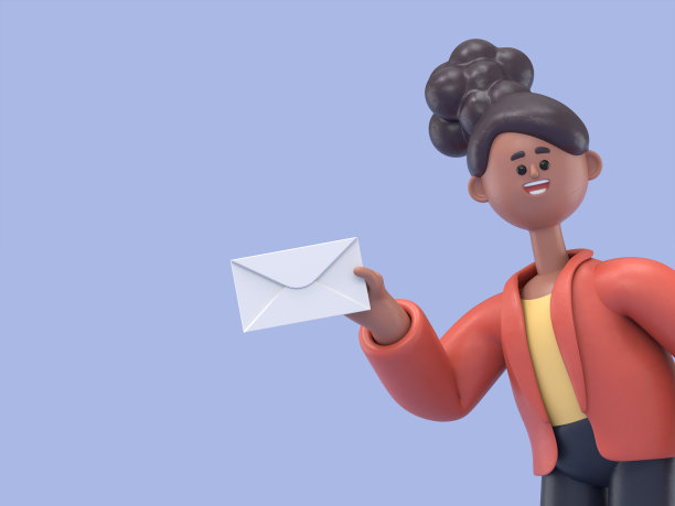 微笑的非裔美国妇女可可手持信封的3D插图，蓝色背景上的3D渲染。图片下载