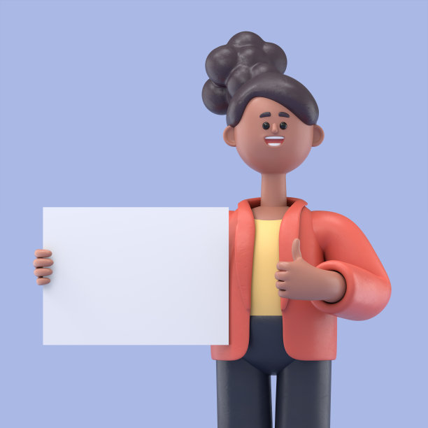 三维插图的微笑非裔美国妇女可可手持标语牌与拇指向上，三维渲染在蓝色背景。图片下载
