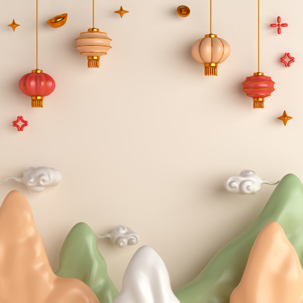 中国新年背景2023与山灯笼，云，中国金赛和硬币卡通风格，中秋，宫喜发彩，复制空间文字，3d渲染插图图片下载