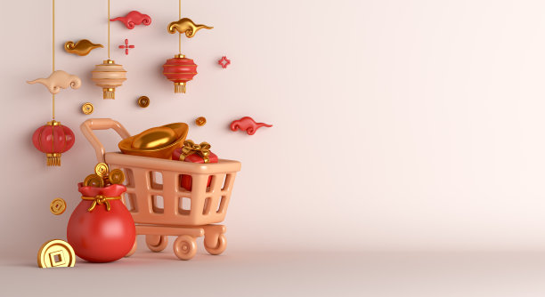 中国新年销售背景2023与手推车，灯笼，幸运袋，云，中国金sycee和硬币卡通风格，中秋，恭喜发财，复制空间文本，3d渲染插图图片下载