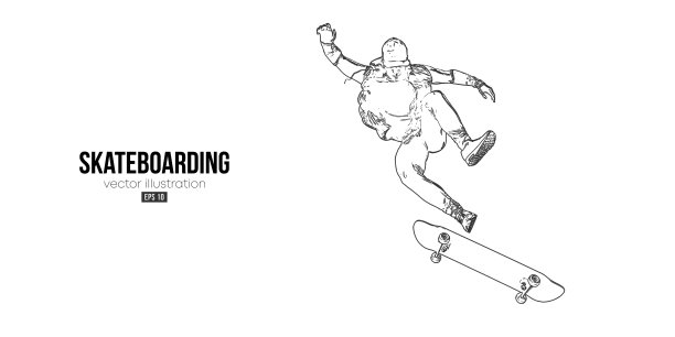 白色背景上滑板者的抽象剪影。那个玩滑板的人正在表演魔术。街头滑板。矢量图图片下载