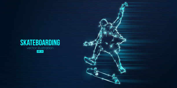 蓝色背景上滑板者的抽象剪影。那个玩滑板的人正在表演魔术。街头滑板。矢量图图片下载