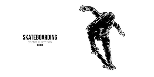 白色背景上滑板者的抽象剪影。那个玩滑板的人正在表演魔术。街头滑板。矢量图图片下载