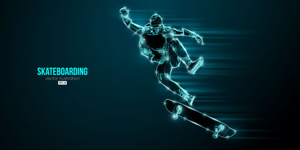 黑色背景上滑板的抽象剪影。那个玩滑板的人正在表演魔术。街头滑板。矢量图图片下载
