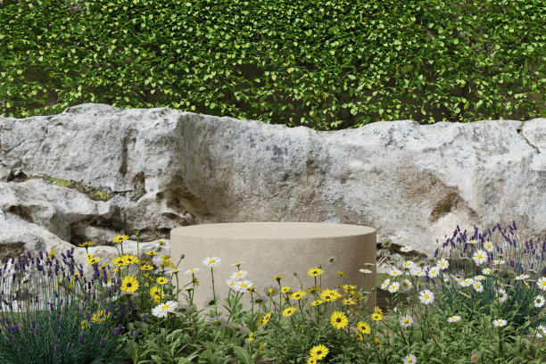 摘要三维渲染自然的讲台背景，石头讲台上的花田背景岩石和灌木墙为产品展台展示广告化妆品美容产品或护肤品与空圆图片下载