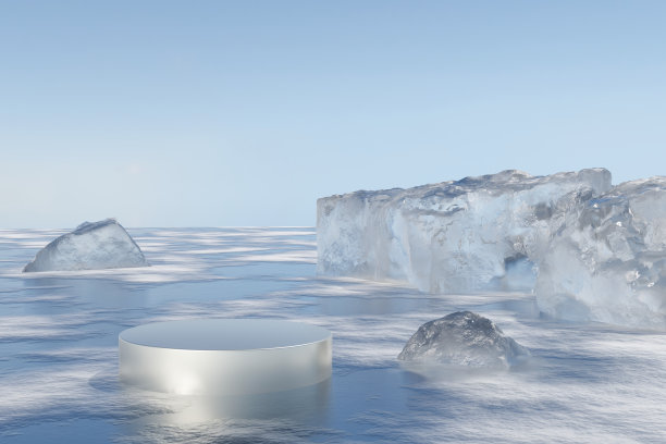 三维渲染平台和冰讲台背景在冰雪地面与冰岩石和石头在冬季产品展台展示广告美容产品或护肤品与空圆形舞台图片下载