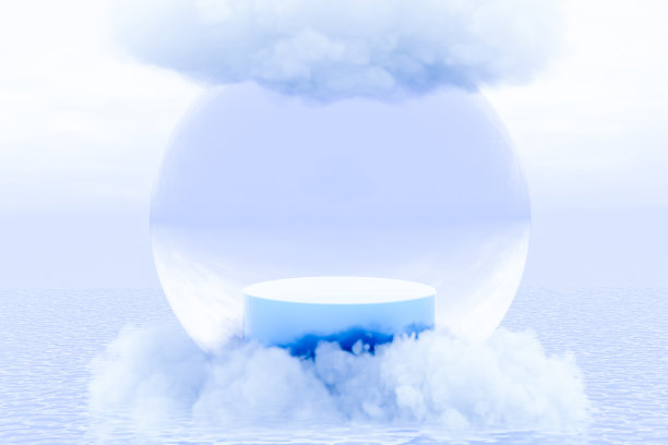 摘要三维渲染冬季场景和自然平台背景，平台上有海上的空玻璃球和顶部的云，用于产品展示广告等图片下载