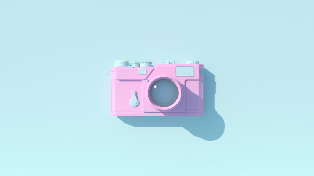 粉蓝淡年代紧凑型复古风格相机与镜头Z世代蓝色背景图片下载