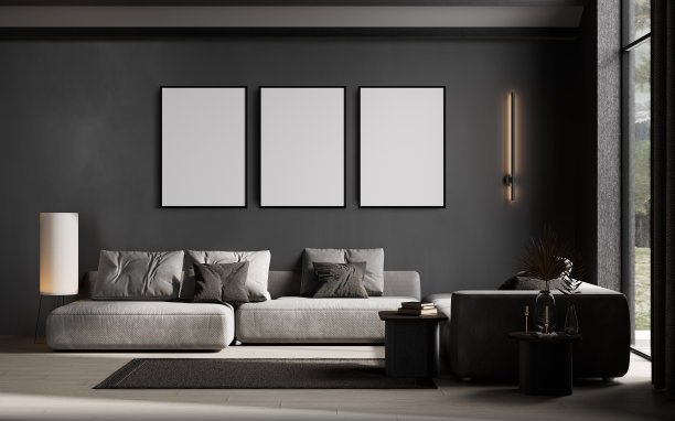 海报框架模型在现代黑暗的客厅，3d渲染图片下载