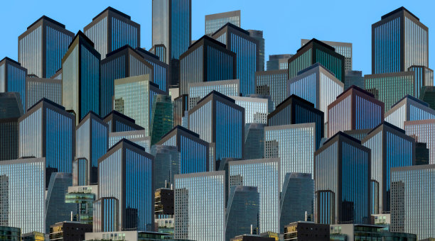 现代高层建筑的拼贴画，映衬着蓝天图片下载
