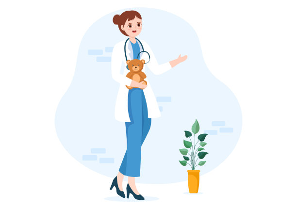 儿科医生检查生病的孩子和婴儿的医疗发展，疫苗接种和治疗平面卡通手绘模板插图图片下载