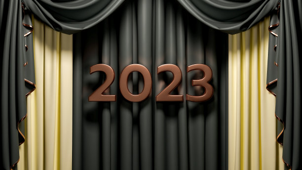 2023年新年快乐背景图片，中间有青铜数字。在它后面是一个看起来很豪华的窗帘。3 d场景。图片下载