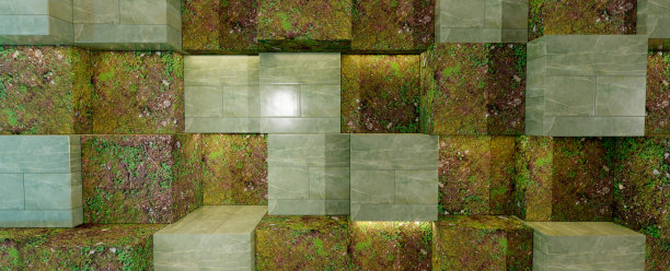 墙壁随机放置的绿色瓷砖和有机材料覆盖的盒子。各种灯光，舞台为产品。环保产品图片下载