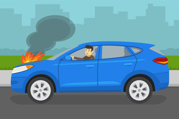 燃烧的汽车发动机罩。年轻害怕的司机开着他的破越野车。图片下载