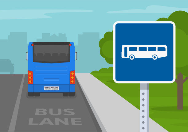 交通或路标的意思。公共汽车车道标志的特写视图。一辆蓝色的城市巴士在公交车道上的后视图。图片下载