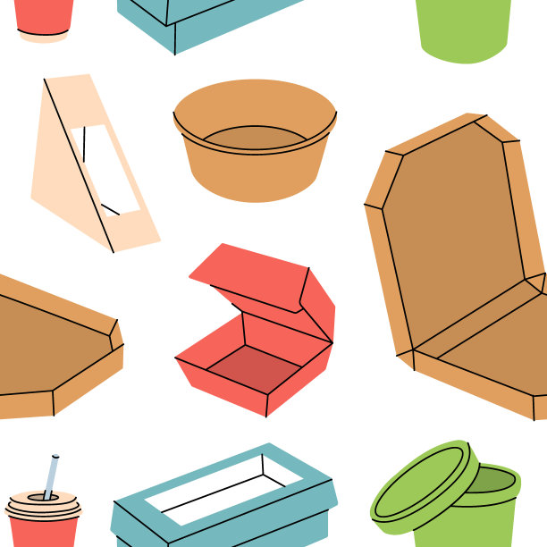 外卖纸箱无缝花纹。纸板食品箱的横幅。彩色纸外卖容器背景。食品饮料包装图案图片下载