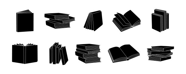一套书。书店，图书馆符号。一堆书的剪影。合上书和打开书。图书馆，书店图标。矢量图图片下载
