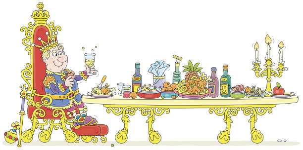 愤怒的国王坐在丰盛的节日餐桌前图片下载