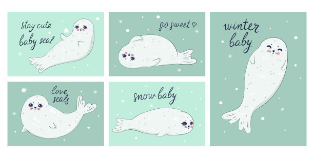 一套印有可爱小海豹和铭文的明信片。矢量图形。图片下载