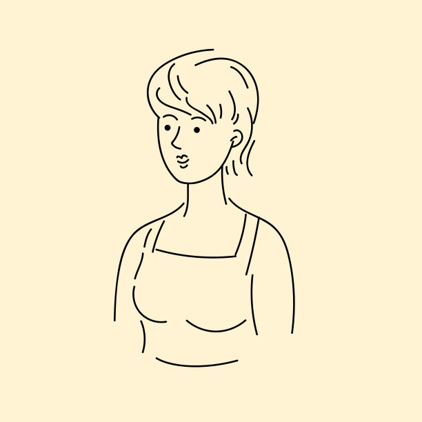 一个年轻的女人看着她的前面。矢量线性插图绘制的手。一个可爱的女孩在微笑。图片下载