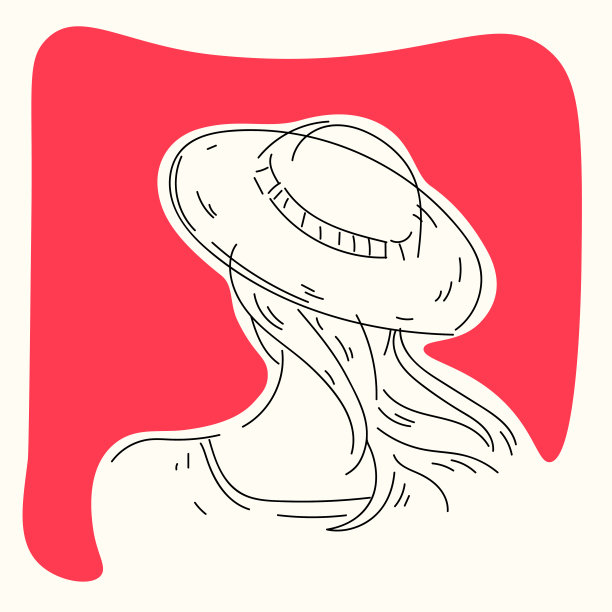 女人特写。极简可爱的卡通风格图形。戴帽子的女孩背对着观众站着。图片下载