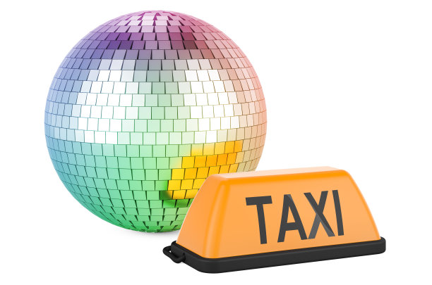 迪斯科的士概念。的士车招牌与镜面迪斯科球，3D渲染图片下载