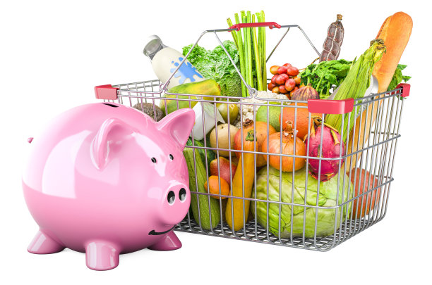 存钱罐和装满商品的购物篮。储蓄概念，3D渲染图片下载