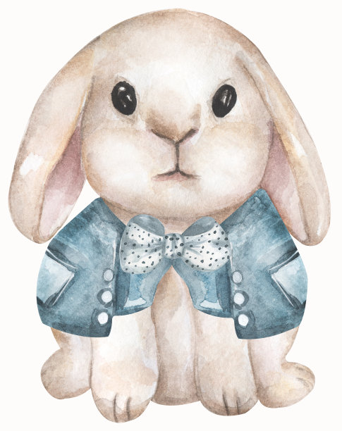 可爱的兔子坐在蓝色外套，水彩画的婴儿儿童明信片。卡通兔子，有趣的故事，甜蜜的梦，复活节卡片图片下载