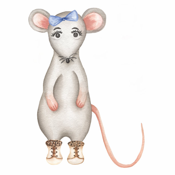 小灰鼠。可爱的卡通圣诞动物老鼠或老鼠。水彩插图。圣诞和新年贺卡。图片下载