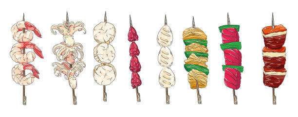 五花肉串上的日式烤肉串图片下载