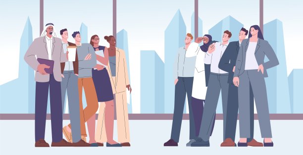 公司业务团队在办公室。反对派组织有领导人。领导力，高层管理者的竞争。国际矢量金融特征图片下载