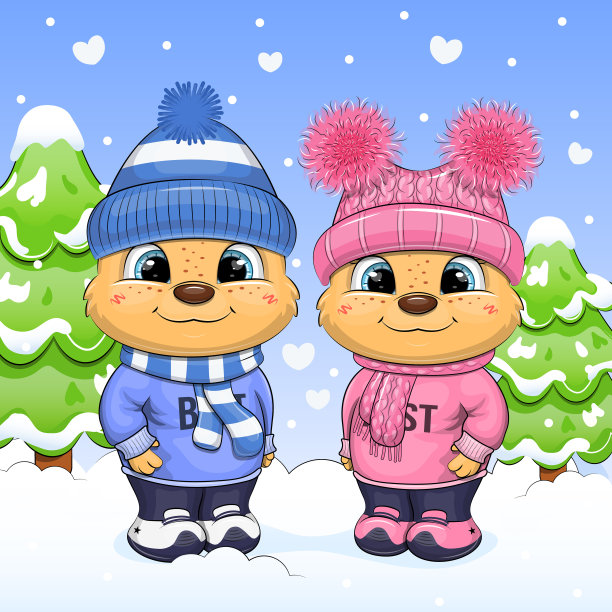 一对可爱的卡通熊夫妇穿着运动衫，戴着帽子，站在冷杉林里。图片下载
