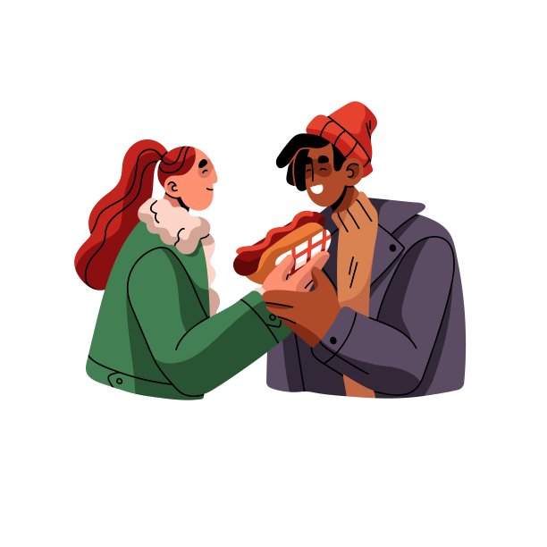 幸福的情侣一起吃街边快餐。浪漫的男人和女人在户外吃热狗。跨种族的现代男女朋友。平面矢量插图孤立在白色背景上图片下载