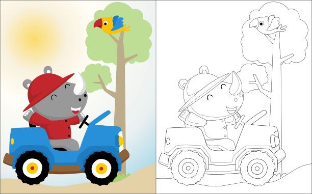 犀牛卡通汽车与小鸟在树上，着色书或页图片下载