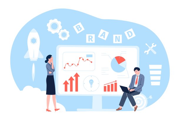 企业品牌分析，新起步发展。商业伙伴、合作与发展战略。创造趋势，营销和广告最近的矢量场景图片下载