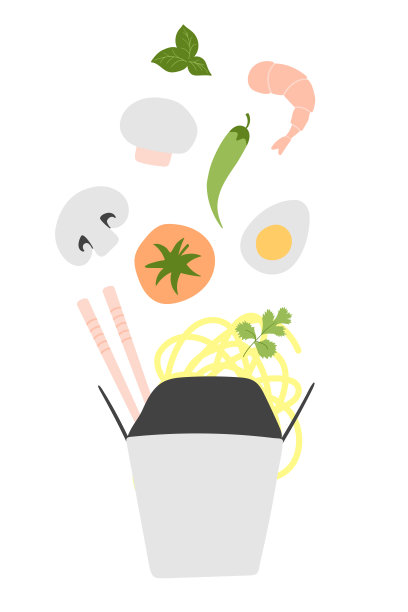 面条与传统的食材在锅盒。矢量插图在涂鸦平面风格。图片下载