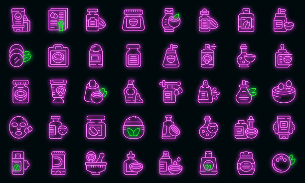 椰子化妆品图标设置轮廓矢量。牛奶油矢量氖图片下载