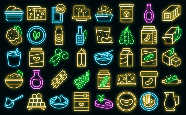 大豆食品图标设置轮廓矢量。奶豆矢量霓虹图片下载
