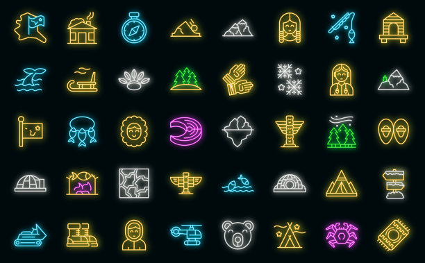 阿拉斯加图标设置轮廓矢量。爱斯基摩冰屋矢量霓虹灯图片下载