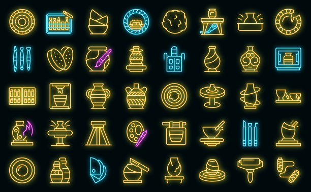 陶器类图标设置轮廓矢量。艺术家工艺矢量霓虹灯图片下载