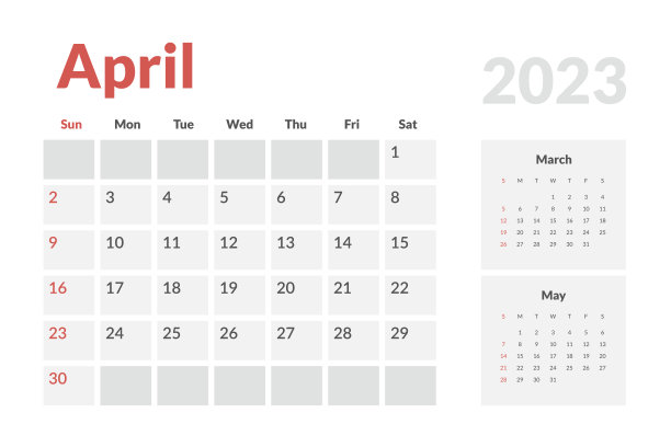 2023年4月的月历模板。矢量简单的灰色网格布局墙或台历与周开始周一打印图片下载