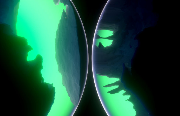 3d渲染的抽象艺术3d背景与超现实球体球行星粗糙的岩石石山结构内部和荧光霓虹灯放射性绿色光的两部分图片下载