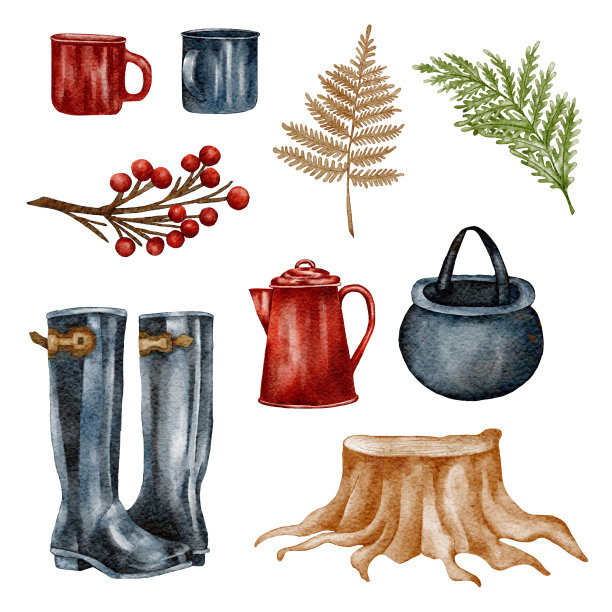 水彩露营剪纸。手绘野外露营插画。森林、远足设计图片下载