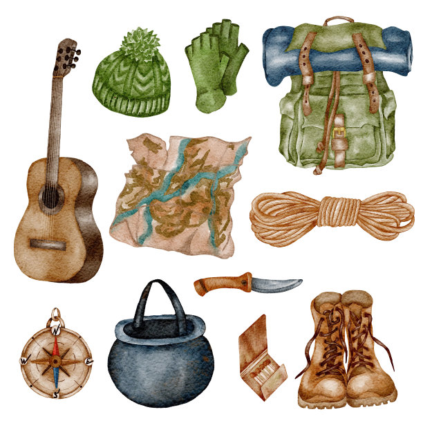 水彩露营剪纸。手绘野外露营插画。森林、远足设计图片下载