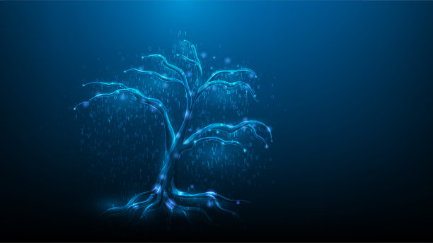 技术大数据树数字蓝黑色背景。未来的低聚线框概念。矢量插图数字神奇的高科技设计。网络存储连接。图片下载