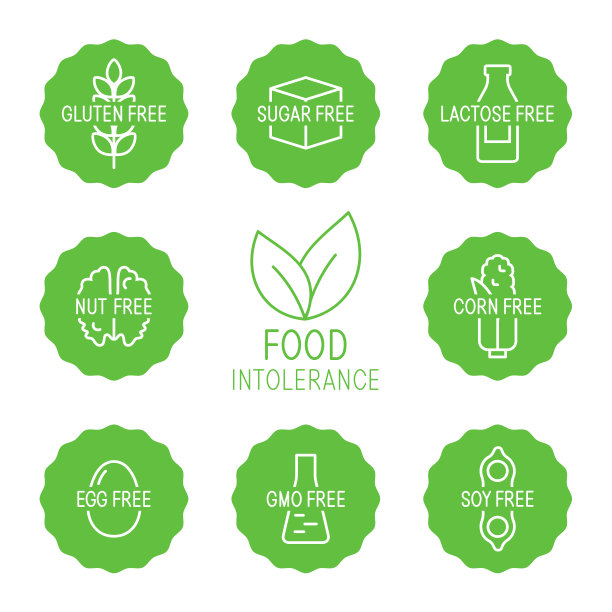 收集孤立的矢量标签图标的食物不耐受和减肥食品的包装设计。没有小麦。麸质，无糖，乳糖不耐图片下载