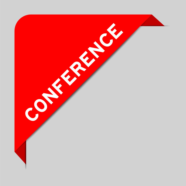 红色的角落标签横幅与文字会议在灰色背景图片下载