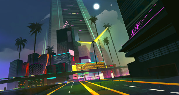 画的城市。赛博朋克风格的夜城图片下载