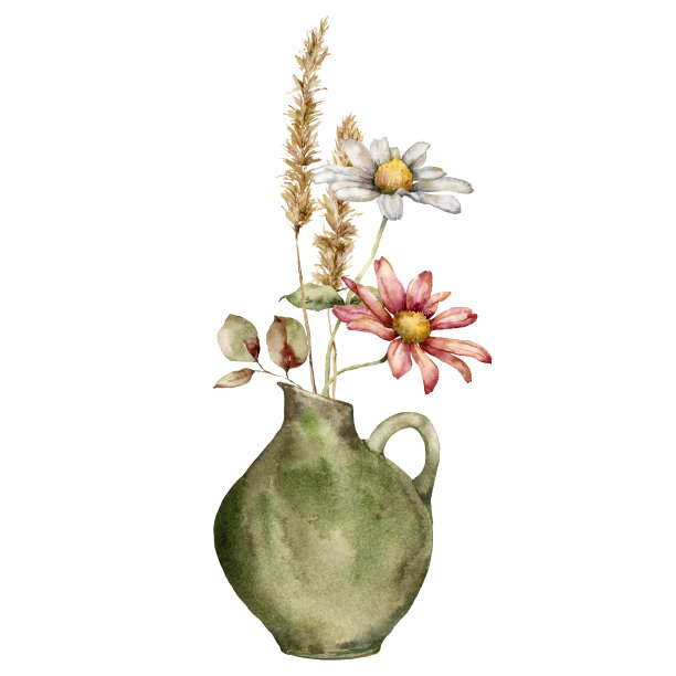 水彩秋天花束在花瓶和干小穗。手绘草地紫菀和树叶孤立在白色背景。花卉野生插图的设计，印刷，织物或背景。图片下载